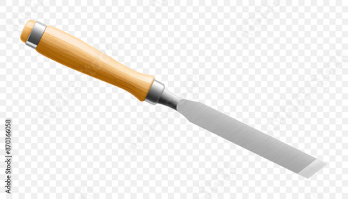 Chisel, carpentry hand tools for woodworking and wood carving. Stand for working with wood. Chisel with wooden handle isolated on transparent background. Realistic 3d Vector illustration.