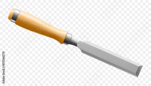 Chisel, carpentry hand tools for woodworking and wood carving. Stand for working with wood. Chisel with wooden handle isolated on transparent background. Realistic 3d Vector illustration.