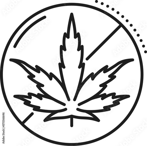 Cannabis prohibition line icon of CBD marijuana or weed leaf in stop sign, vector symbol. Illegal cannabis trade or cannabidiol CBD smoke and weed extract prohibition against drug addiction