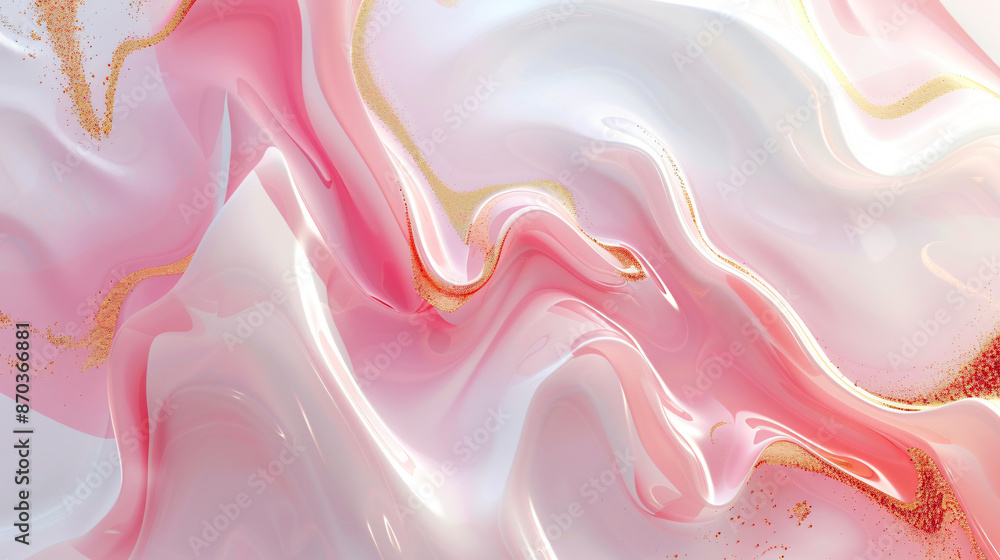 3D rendering of a pink and white background with golden waves. An abstract wavy design in liquid shapes for a modern luxury wallpaper or web banner. A shiny glossy cloth texture with pink, gold, and w