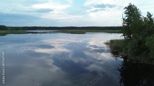 Aerial view of forest and lake with sky reflection photo