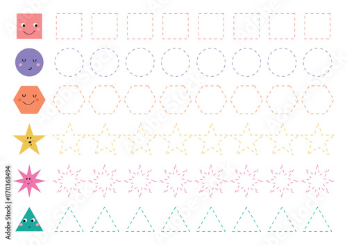 Learn shapes and cute geometric shapes. Preschool or kindergarten worksheet for practicing motor skills. Tracing dashed lines. Vector illustration