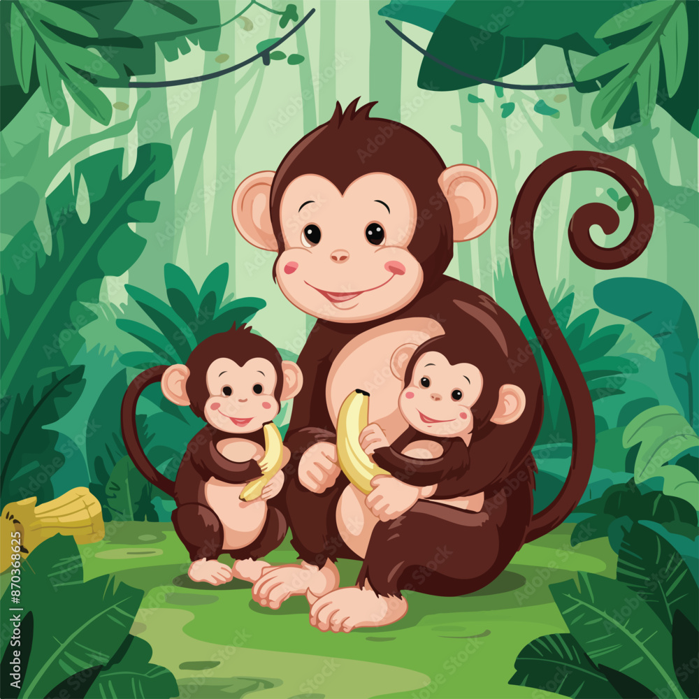 Mother Monkey Two babies eating banana in the forest Mother Monkey Two babies eating banana in the forest