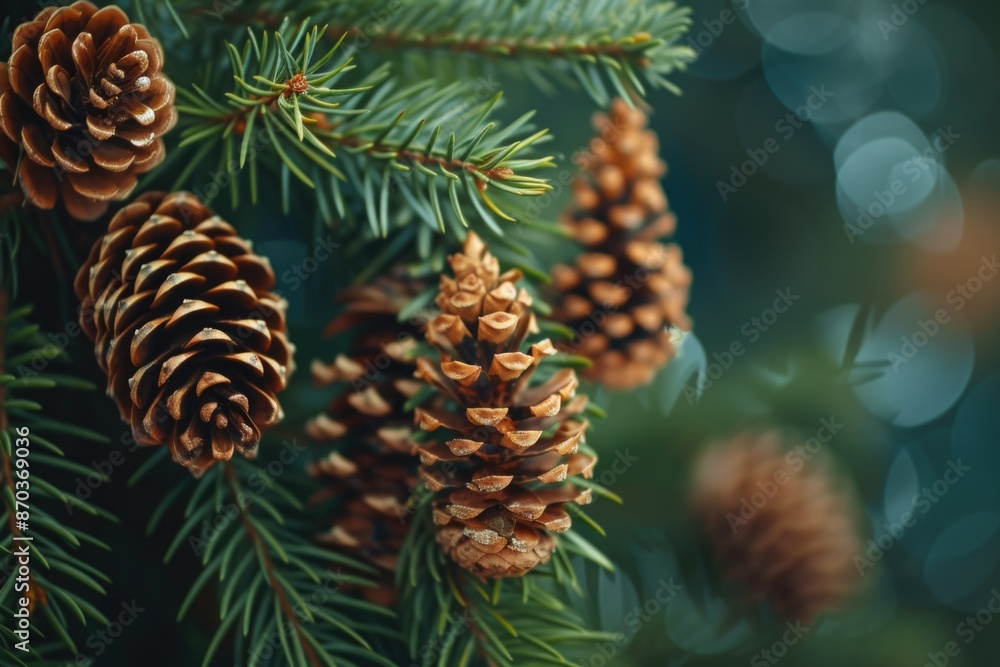 A close up of pine cones on a tree branch. The pine cones are brown and appear to be drying out. Scene is peaceful and serene, as the pine cones are a natural part of the forest A close up of pine cones on a tree branch. The pine cones are brown and appear to be drying out. Scene is peaceful and serene, as the pine cones are a natural part of the forest