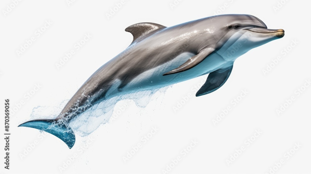 Obraz premium A dolphin is flying through the air. The dolphin is white and gray. The water is blue