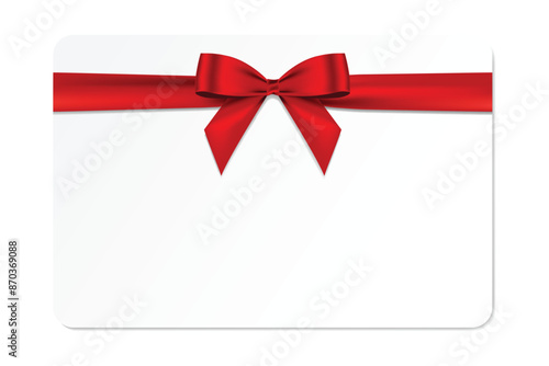 Blank Gift card with red bow and horizontal ribbon realistic shiny satin vector template design for your business gift voucher isolated on white background.