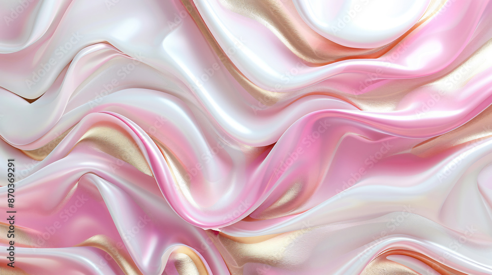 Obraz premium 3D rendering of a pink and white background with golden waves. An abstract wavy design in liquid shapes for a modern luxury wallpaper or web banner. A shiny glossy cloth texture with pink, gold, and w