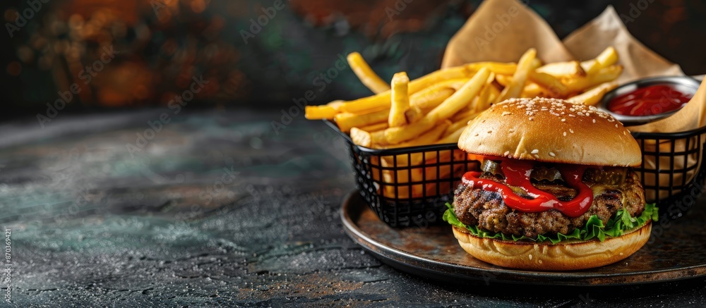 A spicy Indian burger served in an iron cage with French fries and tangy Kasundi sauce on modern restaurant dishes, against a backdrop with copy space image. A spicy Indian burger served in an iron cage with French fries and tangy Kasundi sauce on modern restaurant dishes, against a backdrop with copy space image.
