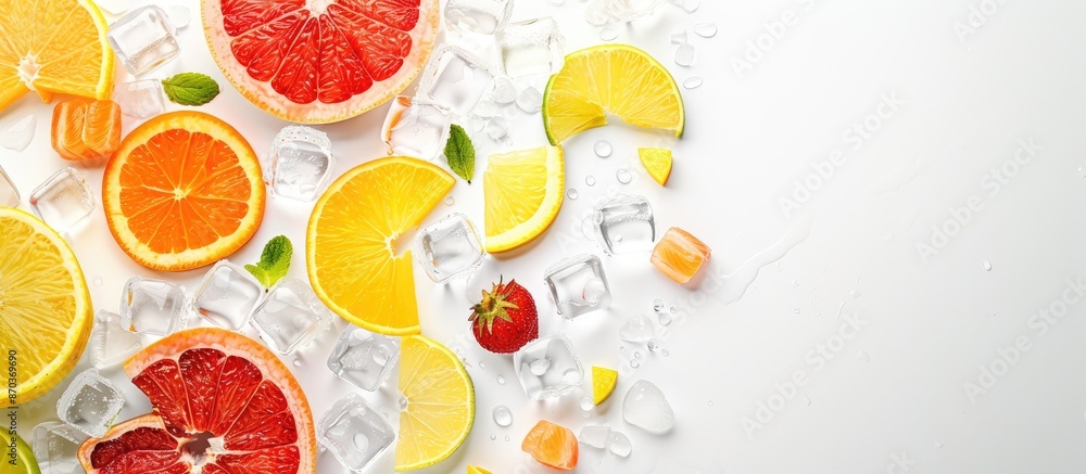 A bird's-eye view of an assortment of tropical fruit slices and ice cubes on a white background with copy space image. A bird's-eye view of an assortment of tropical fruit slices and ice cubes on a white background with copy space image.