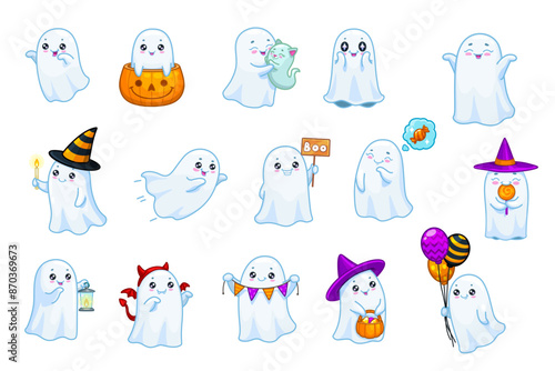 Halloween kawaii ghost characters and funny cute boo poltergeist for holiday, cartoon vector. Cheerful white ghosts with pumpkin, witch hat and Halloween balloons, trick or treat candy and ghost cat