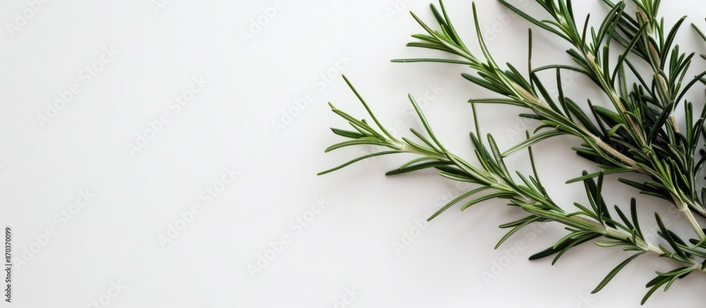 A vibrant green sprig of rosemary on a white backdrop with empty space for text in the image. image with copy space A vibrant green sprig of rosemary on a white backdrop with empty space for text in the image. image with copy space