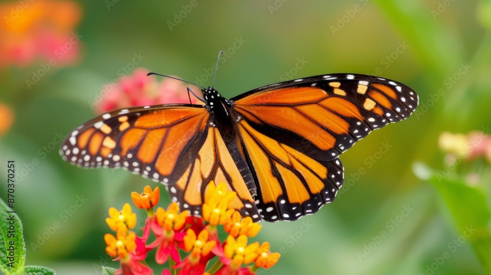 A monarch butterfly flits from flower to flower, its delicate wings a vibrant display of orange and black patterns. A monarch butterfly flits from flower to flower, its delicate wings a vibrant display of orange and black patterns.
