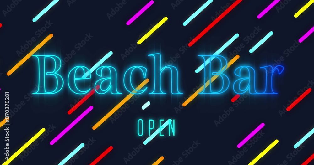 Image of beach bar open text over neon lines on black background