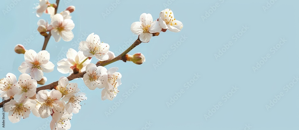 A cherry branch adorned with white blossoms set against a clear blue sky, with space for additional text or images. A cherry branch adorned with white blossoms set against a clear blue sky, with space for additional text or images.