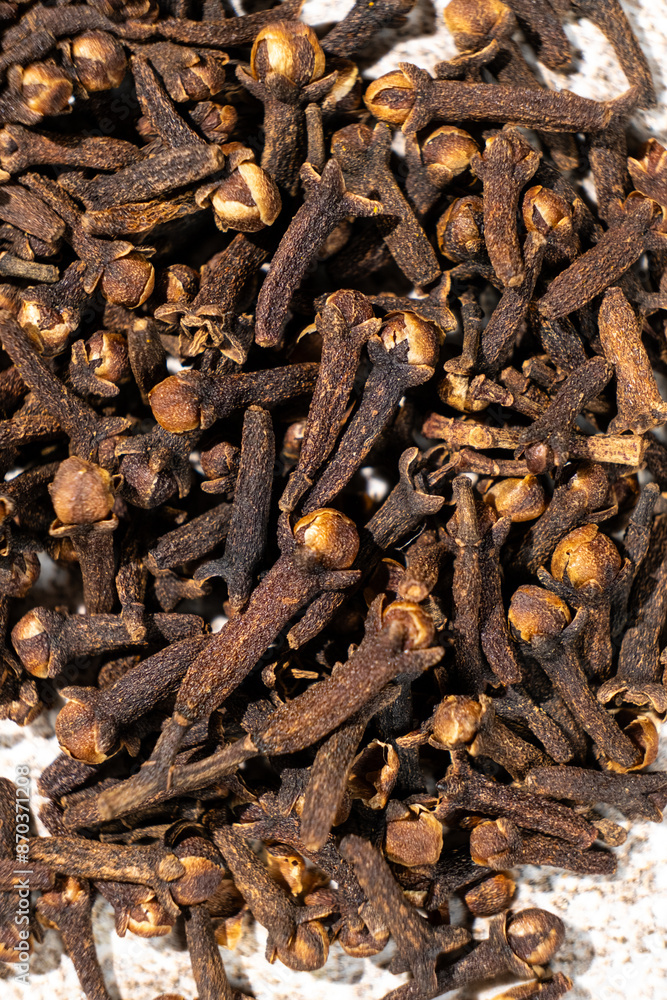 Dried clove spice, macro top view Dried clove spice, macro top view