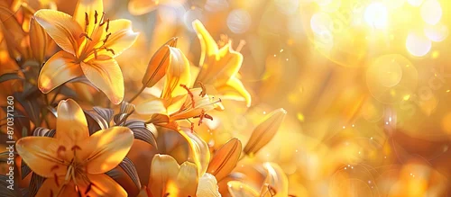 Panel kuchenny z motywem A vibrant cluster of yellow lilies blossoming in the autumn sunlight, captured up close with a focused view and room for additional content in the image.