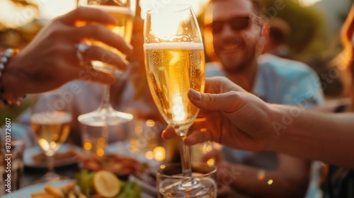 Close up of man raising toasting while eating with his friends on patio at sunset. photo
