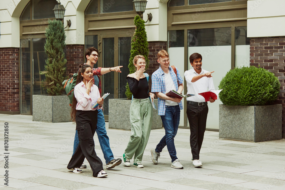 Fototapeta premium Group of multiracial people, boys and girls, students walking outside the university and pointing somewhere with excitement. Concept of education, university, multicultural students, unity