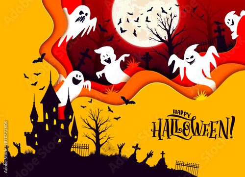 Halloween paper cut banner with dark castle and ghosts on cemetery. Vector greeting card with black silhouette of haunted house, graveyard, zombie hands and 3d wavy frame with funny spooks and bats