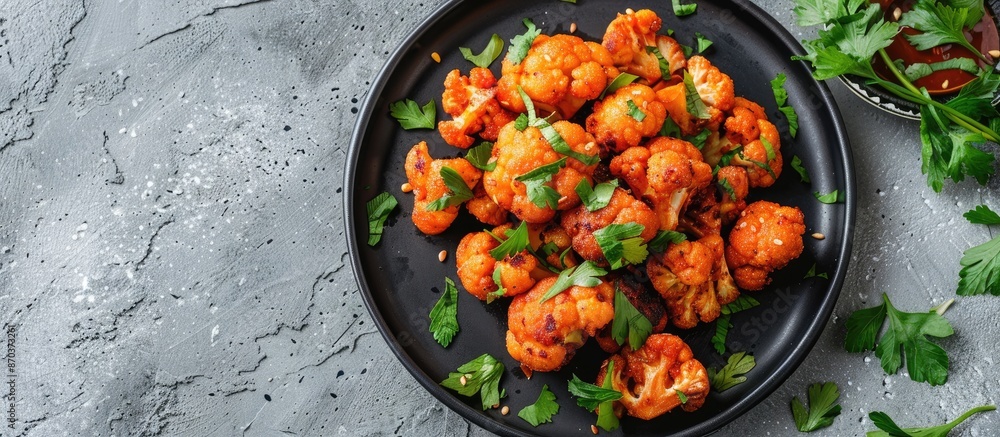 A close-up flatlay view from above of Turkish-style fried cauliflower florets plated on a black plate on a grey concrete table with copy space for image. A close-up flatlay view from above of Turkish-style fried cauliflower florets plated on a black plate on a grey concrete table with copy space for image.