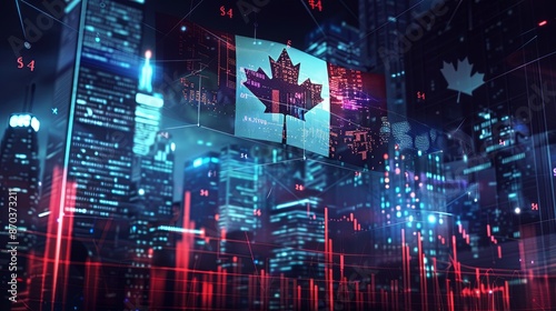 Canadian flag and stock market chart. Trade and economy concept. 3D Rendering