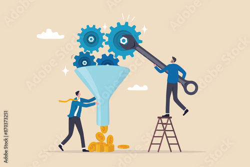 Optimization to improve result, adjust marketing factor to gain more profit, efficiency or growth, fix process for best result concept, businessman using wrench to optimize process better performance.