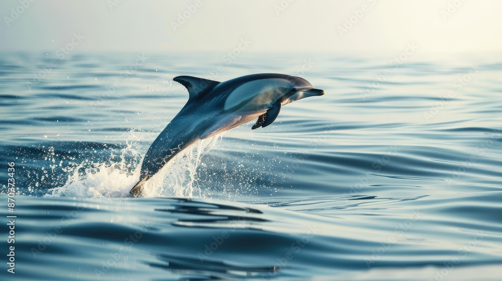 Fototapeta premium A playful dolphin leaps from the ocean's surface, its sleek body arcing gracefully through the air before splashing back into the sea.