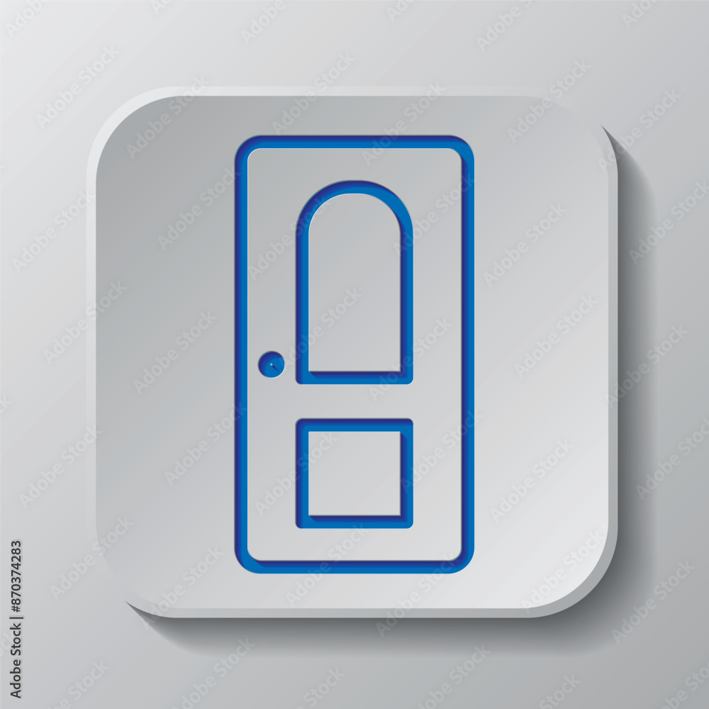 Door simple icon. Flat design. Paper cut design. Cutted blue symbol with shadow. Gray badge button, gray background Door simple icon. Flat design. Paper cut design. Cutted blue symbol with shadow. Gray badge button, gray background