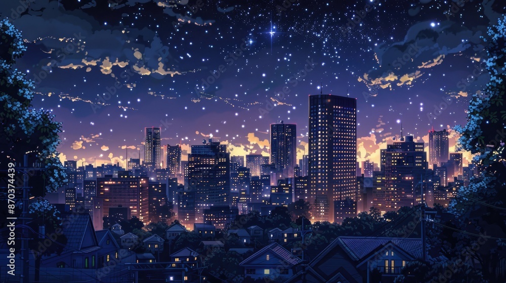 Fototapeta premium A nighttime scene of illuminated anime apartment buildings, showcasing city lights and stars twinkling in the sky above