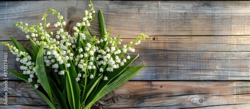 A bouquet of lilies of the valley displayed against a rustic wooden backdrop, creating a charming setting with copy space image.