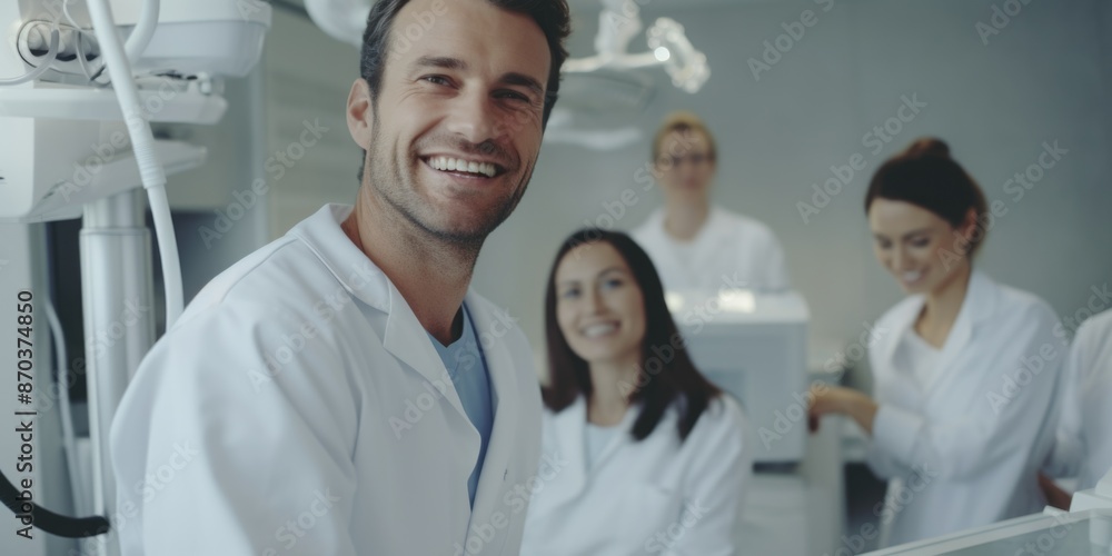 A smiling man in a white lab coat is posing for a picture with a group of people in white coats. Scene is cheerful and friendly, as the group appears to be enjoying each other's company A smiling man in a white lab coat is posing for a picture with a group of people in white coats. Scene is cheerful and friendly, as the group appears to be enjoying each other's company
