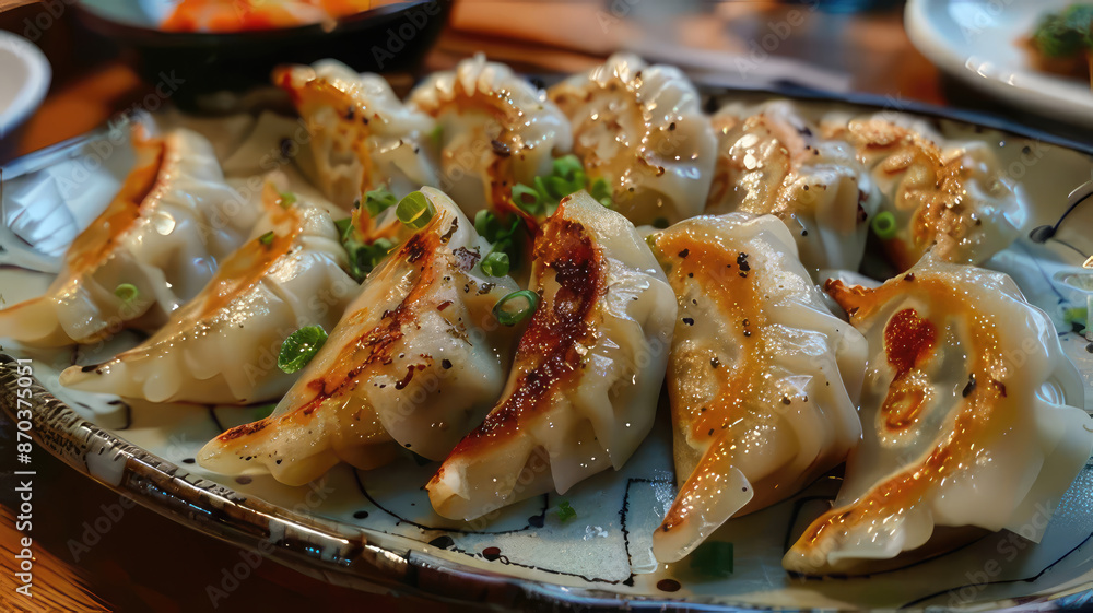 Close up of delicious crispy pan-fried gyoza dumplings, a popular Japanese cuisine dish. Close up of delicious crispy pan-fried gyoza dumplings, a popular Japanese cuisine dish.