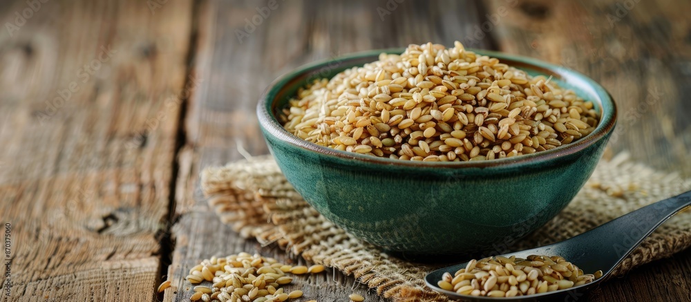 A ceramic bowl with spoon filled with uncooked freekeh or firik on burlap set on a wooden surface, depicting vegan and vegetarian options. Horizontal layout with room for additional text or images. A ceramic bowl with spoon filled with uncooked freekeh or firik on burlap set on a wooden surface, depicting vegan and vegetarian options. Horizontal layout with room for additional text or images.