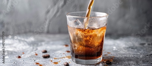 A wide photo shows water being poured into coffee in a tumbler glass on a concrete countertop with copy space image. photo