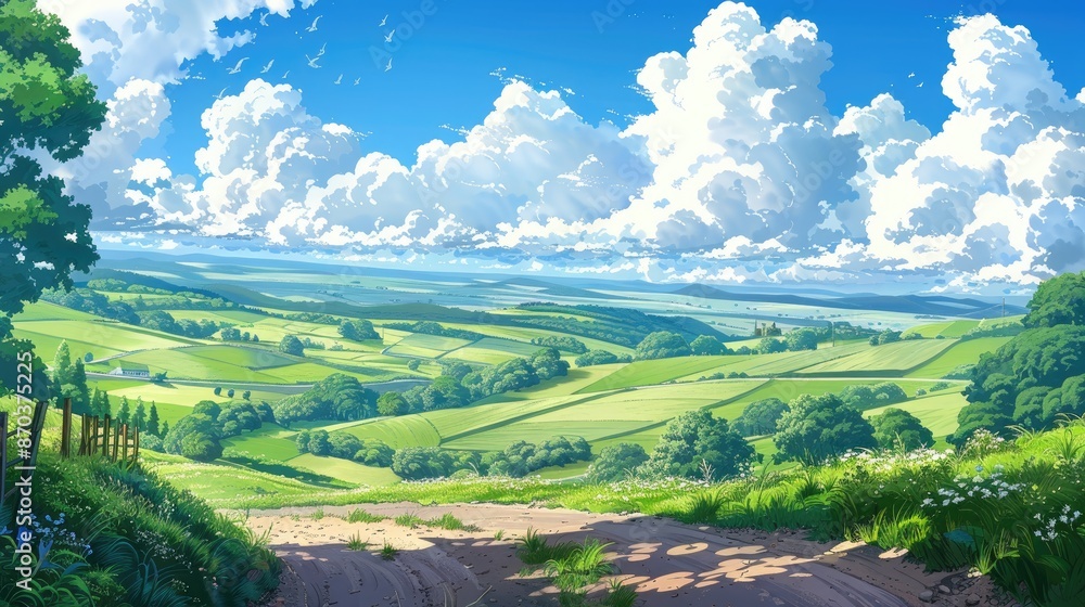 Fototapeta premium Anime-style countryside road winding through lush green fields and rolling hills under a clear blue sky