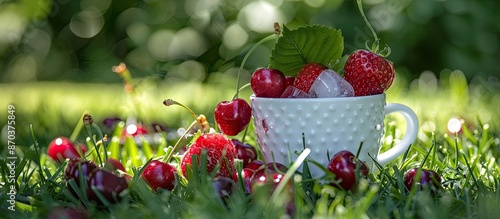 A white cup holds ice, red strawberries, and cherries displayed on green grass, creating a vibrant scene with copy space image.