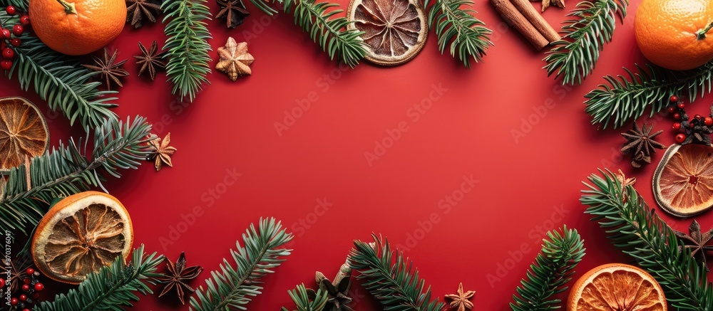 A festive top view border arrangement for New Year and Christmas holidays featuring green fir branches adorned with dried oranges, cinnamon, and anise stars on a red backdrop with copy space image. A festive top view border arrangement for New Year and Christmas holidays featuring green fir branches adorned with dried oranges, cinnamon, and anise stars on a red backdrop with copy space image.