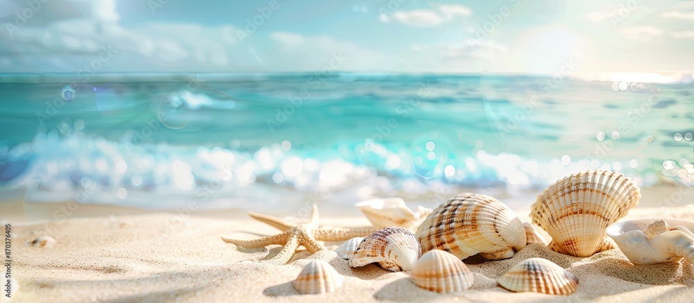 A sandy beach with seashells is shown in a summer background, providing ample copy space image. A sandy beach with seashells is shown in a summer background, providing ample copy space image.