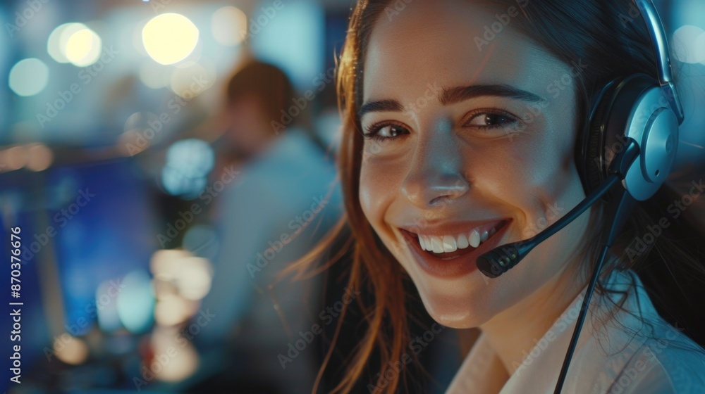 A woman wearing a headset is smiling and looking at the camera. She is a customer service representative A woman wearing a headset is smiling and looking at the camera. She is a customer service representative