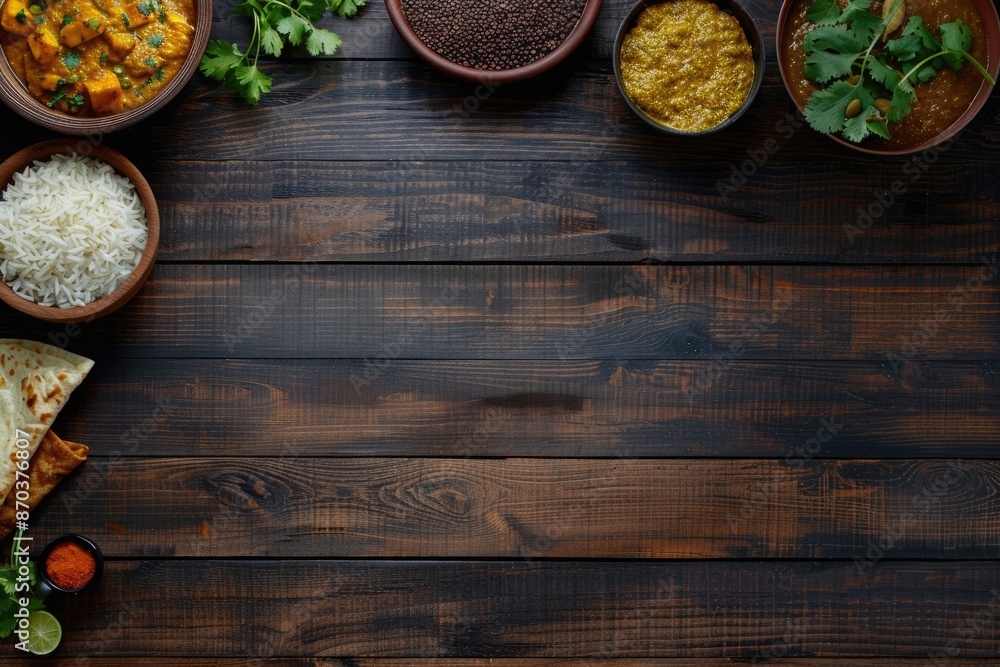 Various Indian dishes on dark wooden background with space for text. Various Indian dishes on dark wooden background with space for text.