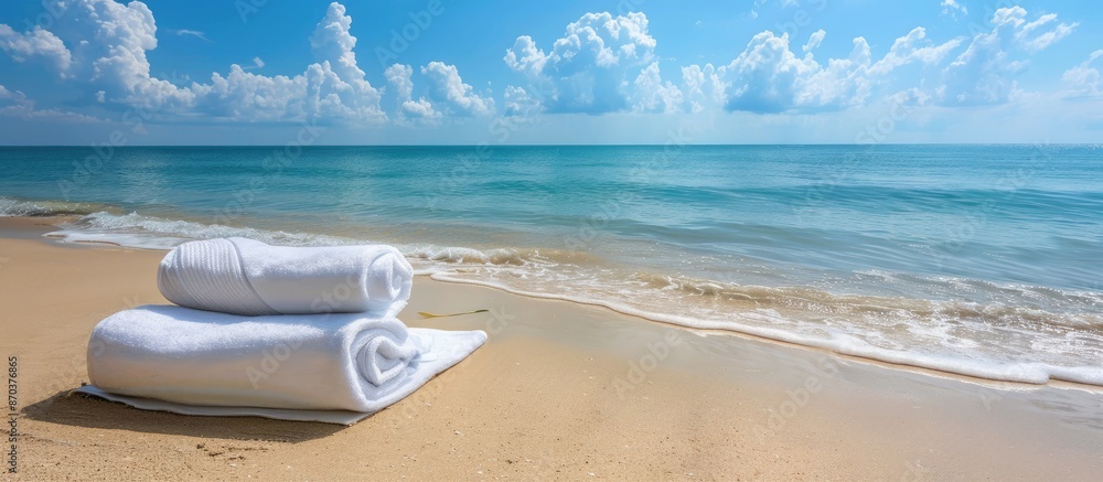 A tranquil beach scene during the summer season with an unoccupied towel area, perfect for relaxation and enjoyment, ideal for a copy space image. A tranquil beach scene during the summer season with an unoccupied towel area, perfect for relaxation and enjoyment, ideal for a copy space image.
