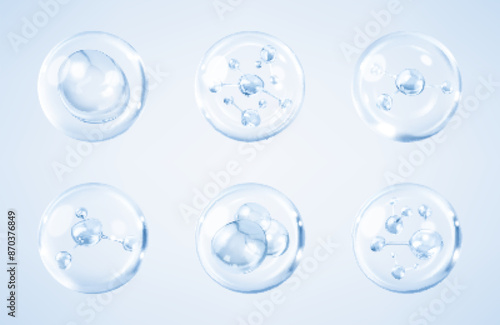 Molecules inside bubbles on blue background. Collagen serum bubble. Cosmetic essence. Concept skin care cosmetics solution. Vector 3d illustration