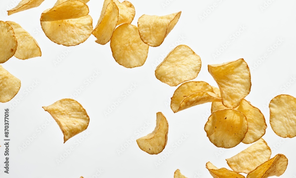 Naklejka premium Potato chips falling against a white background