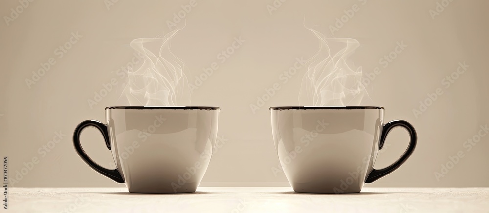 a pair of steaming coffee cups with a blank background for text or other elements (copy space image). a pair of steaming coffee cups with a blank background for text or other elements (copy space image).