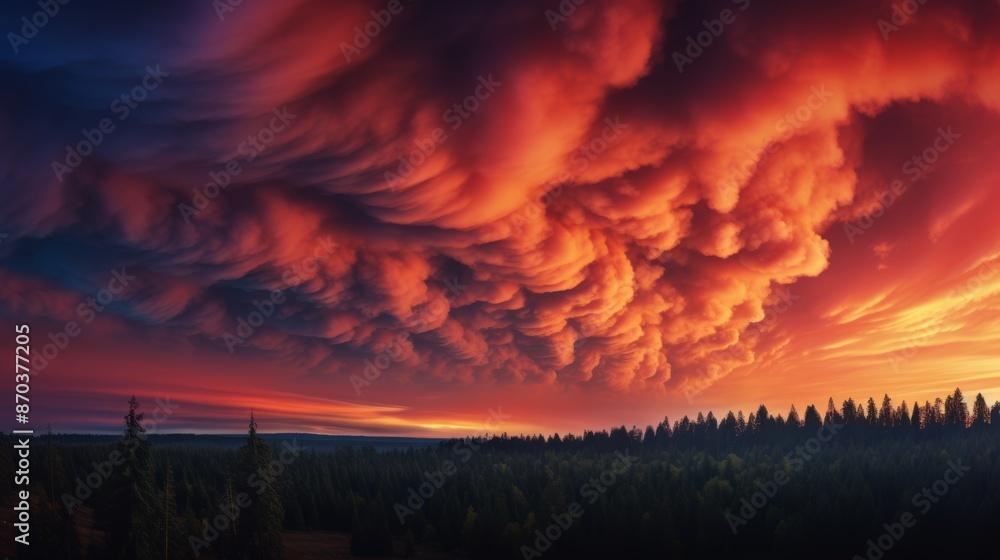 Obraz premium Menacing forest fire smoke against dramatic fiery sunset sky backdrop signaling intense blaze