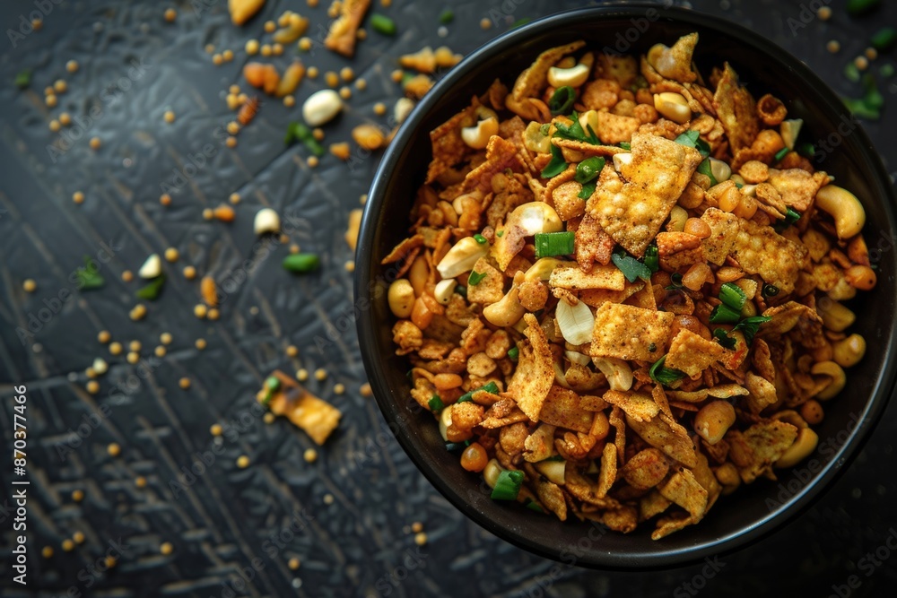 Fototapeta premium Close up of spicy Ratlami mixture Indian namkeen snacks on a ceramic black bowl. Top view