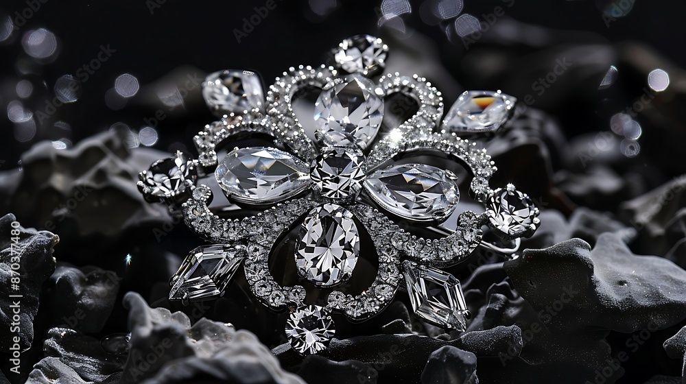 Obraz premium Beautiful silver brooch on a black background. Fashion jewelry.