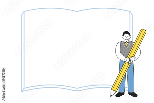 大きな鉛筆を手に持った制服姿の男子学生と、本のフレーム背景