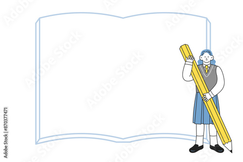 大きな鉛筆を手に持った制服姿の女子学生と、本のフレーム背景