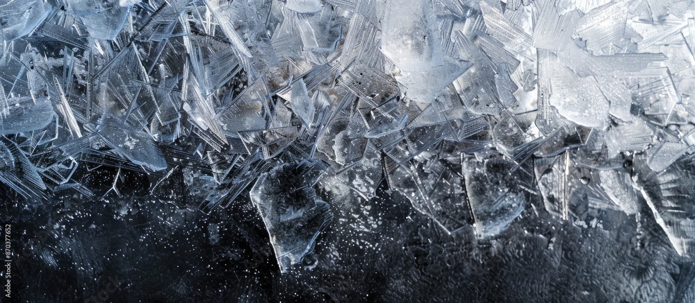 Obraz premium A textured cold frosty surface of ice block offers an ideal background with copy space image on a dark backdrop.